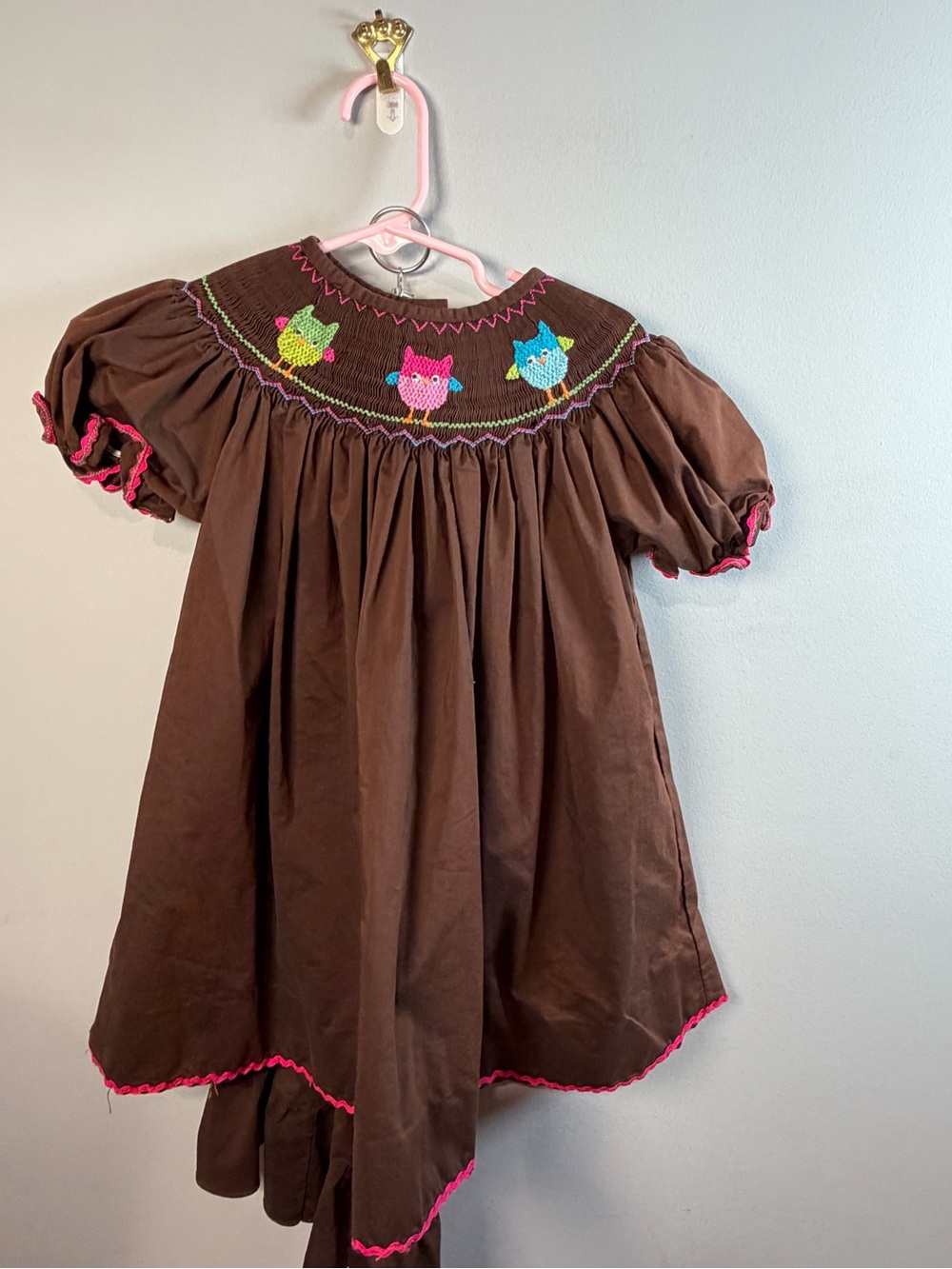 Girls Brown Owl Hand Smocked Pants Set with Pink Trim Size 5